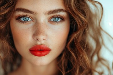 Close-Up Portrait of a Beautiful Young Woman with Curly Hair and Red Lips