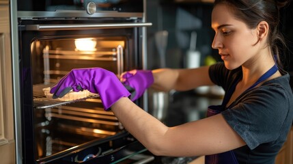 Young woman in an apron and purple gloves cleaning an oven at home, copy space for text stock photo contest winner, high resolution photo, professional photograph,