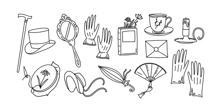Doodle set of Jane Austen era elements. Vector Georgian and Regency era collection. Mirror, gloves, hat, umbrella, book, flowers, candle, tea cup, fan, cane, letter.  18th-19th centuries of Britain