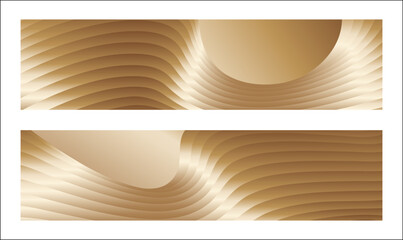 Wavy golden parallel gradient lines, ribbons, silk. Golden with shades of yellow background, banner, poster. Set of 2 backgrounds. Eps vector