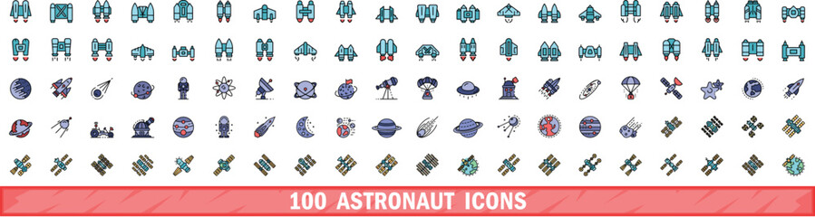 100 astronaut icons set. Color line set of astronaut vector icons thin line color flat on white