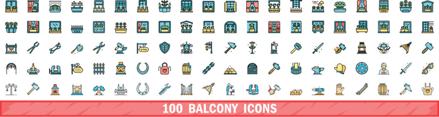 100 balcony icons set. Color line set of balcony vector icons thin line color flat on white