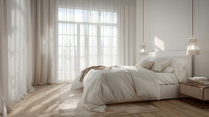 Airy classic bedroom with a white double bed, sheer curtains, and a light wooden floor for a serene ambiance.