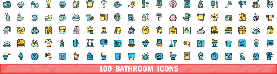 100 bathroom icons set. Color line set of bathroom vector icons thin line color flat on white