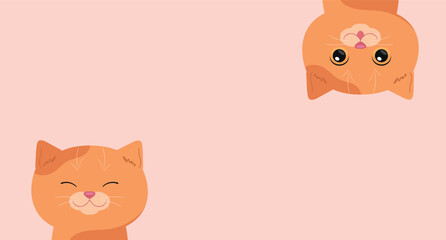 Banner with cartoon ginger cats. Emotional cat hanging upside down. Cute template. Vector illustration