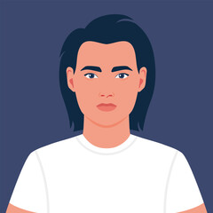 Portrait of a beautiful young man with long dark hair in T shirt. Avatar for social media. Vector illustration