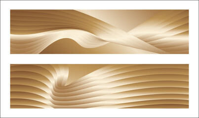 Wavy golden parallel gradient lines, ribbons, silk. Golden with shades of yellow background, banner, poster. Set of 2 backgrounds. Eps vector