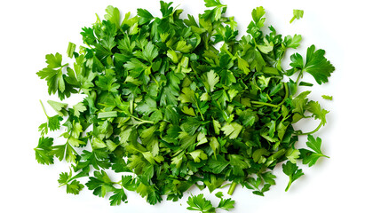 Obraz premium Chopped parsley leaves isolated on white, top view