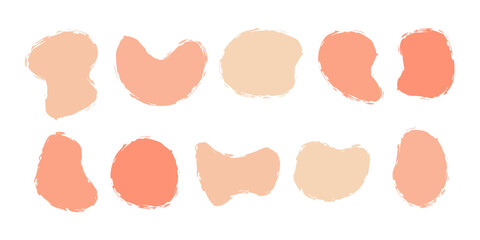 Abstract coral color organic blot set. Paint texture irregular spot. Design element. Deformed geometric shape