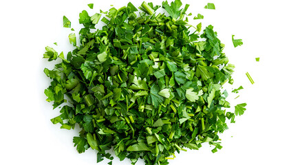 Obraz premium Chopped parsley leaves isolated on white, top view