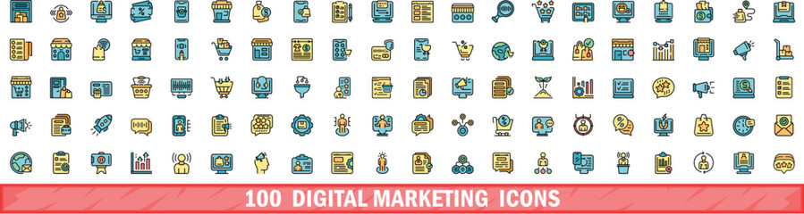 100 digital marketing icons set. Color line set of digital marketing vector icons thin line color flat on white