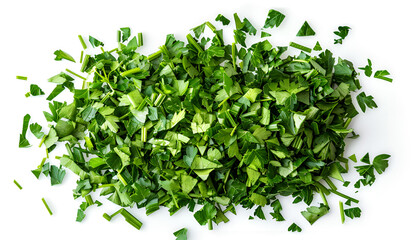 Obraz premium Chopped parsley leaves isolated on white, top view
