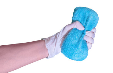 Hand in a White Latex Glove Holding a Blue Cleaning Sponge. White Woman Hand in a Latex Glove Squeezing a Dry Sponge. Day Light.