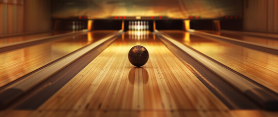 Boule de bowling se dirigeant vers les quilles sur une piste éclairée