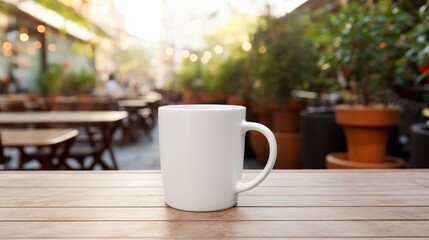 Fototapeta premium Blank cup of coffee standing on table in cafe outdoors terrace. 