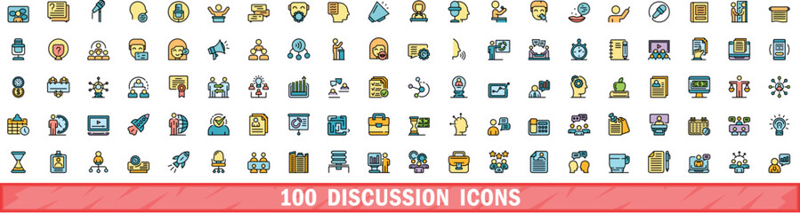 100 discussion icons set. Color line set of discussion vector icons thin line color flat on white