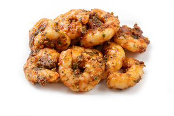 tas de crevettes marinées, en gros plan.