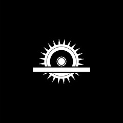 Electric circular saw with steel toothed disc icon isolated on black  background. Electric hand tool for cutting wood or metal.
