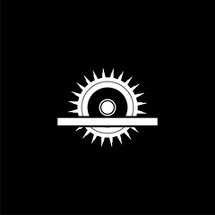 Electric circular saw with steel toothed disc icon isolated on black  background. Electric hand tool for cutting wood or metal.