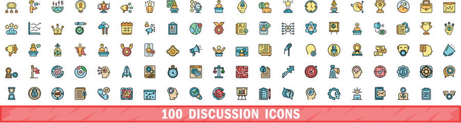 100 discussion icons set. Color line set of discussion vector icons thin line color flat on white