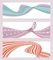 Wavy lines or ribbons. Set of 3 backgrounds. Multicolored striped gradient. Creative unusual background with abstract gradient wave lines to create a trendy banner, poster. vector eps