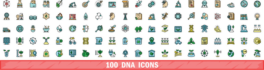 100 dna icons set. Color line set of dna vector icons thin line color flat on white
