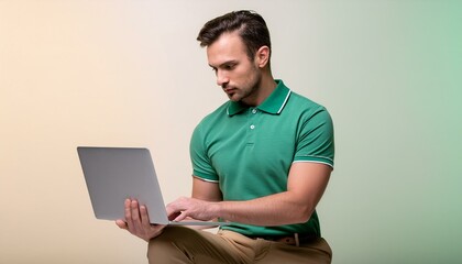 A man working on a laptop while wearing a green sleeveless polo shirt over beige chinos. 