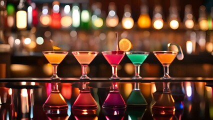 Colorful Cocktail Glasses Aligned on Bar Counter Generative AI