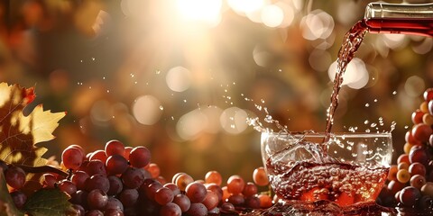 Obraz premium Red wine poured over grapes during vineyard celebration. Concept Vineyard Events, Wine Pouring, Grape Harvest, Winemaking Tradition