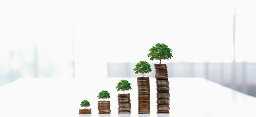 Growth coin stack with tree on top symbolize green business investment on CSR or ESG for...