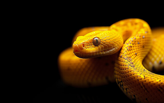Vivid Close-Up Portrait of a Yellow Python Coiled Elegantly on a Dark, Mysterious Background, Highlighting Textural Detail and Intense Eye Contact