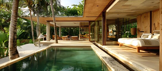 modern bungalow with pool on tropical island, modern wooden house interior design with white walls and wood accents