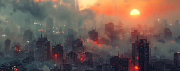 Capture a Close-up shot of a Dystopian cityscape with gritty details
