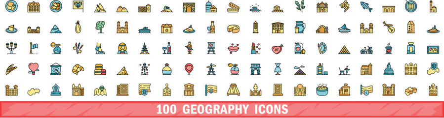 100 geography icons set. Color line set of geography vector icons thin line color flat on white