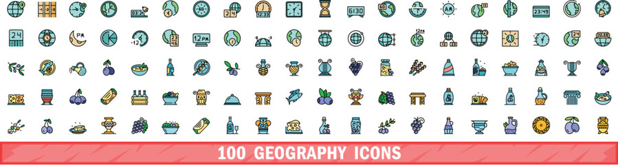 100 geography icons set. Color line set of geography vector icons thin line color flat on white © ylivdesign
