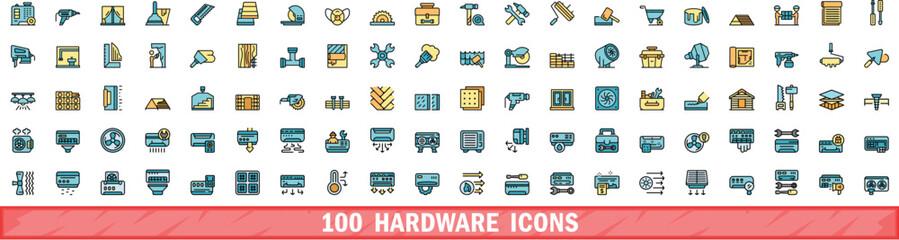 100 hardware icons set. Color line set of hardware vector icons thin line color flat on white