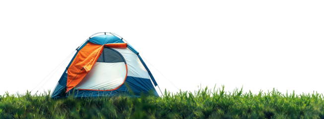 A camping tent on a green meadow isolated on a transparent background