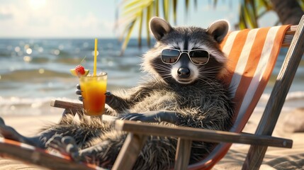 a raccoon lounging on the beach in a lawn chair, sunglasses and a little fruity drink, vintage summertime relaxation
