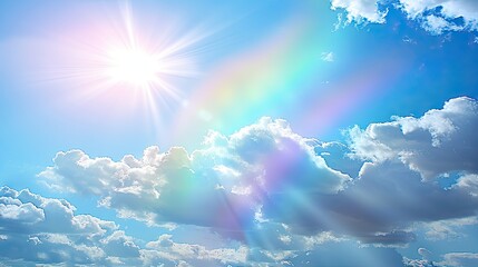 Vibrant Rainbow Arching Over Puffy White Clouds in Clear Blue Sky
