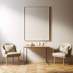 Minimalist interior with armchairs and blank frame