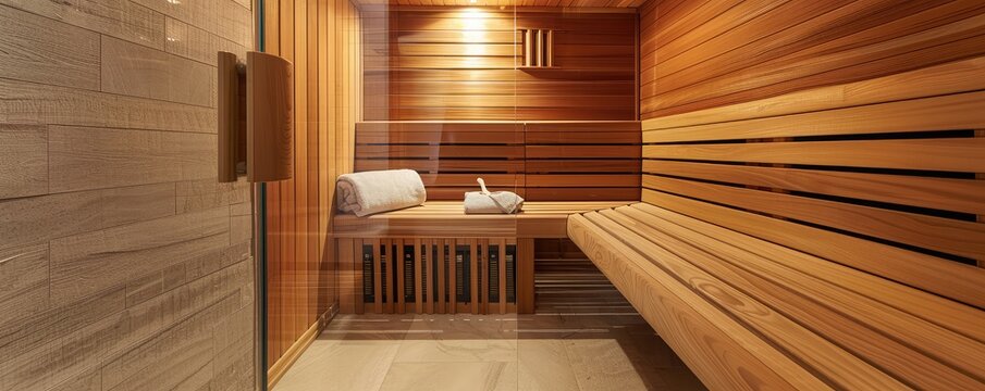 Inviting interior view of a modern infrared sauna in a serene wellness spa setting. Soft lighting and comfortable seating create a tranquil atmosphere.