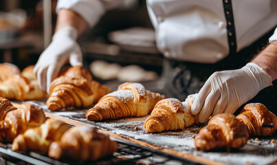 A baker in a professional kitchen carefully kneads the dough for croissants, giving it the perfect consistency. His hands work with precision and coordination, creating a dough ready for shaping.