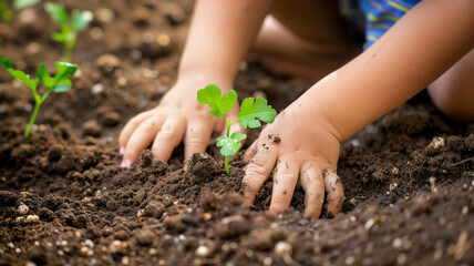 child's hands carefully planting a seedling in rich soil, with the promise of growth