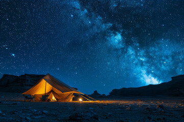 Camping scene with illuminated tents under a dynamic starry night sky in the desert.. AI generated.