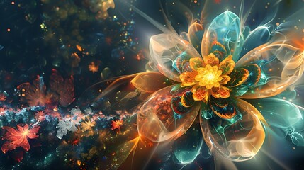 Delicate tendrils of ethereal light dance among fractal blooms in a cosmic garden. The interplay of...