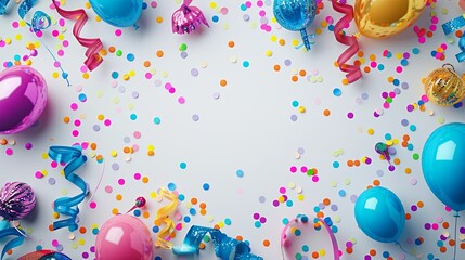 Joyful Birthday Celebration: Colorful Balloons, Streamers, Gift, and Confetti Adorn Minimalist Background