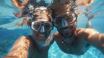 couple underwater snorkeling, summer travel holidays
