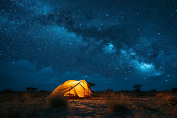 Camping scene with illuminated tents under a dynamic starry night sky in the desert.. AI generated.