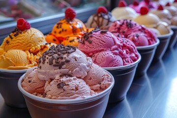 Gelato: Scoops of various gelato flavors in a bowl or cone, with bright and rich colors, possibly topped with fresh fruit or chocolate shavings.