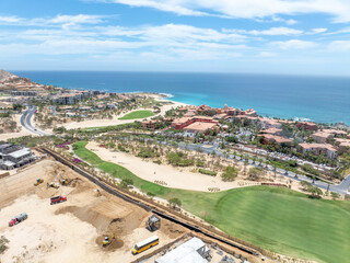 Aerial view of luxury golf course on the pacific ocean in Los Cabos, Cabo San Jose, Mexico
